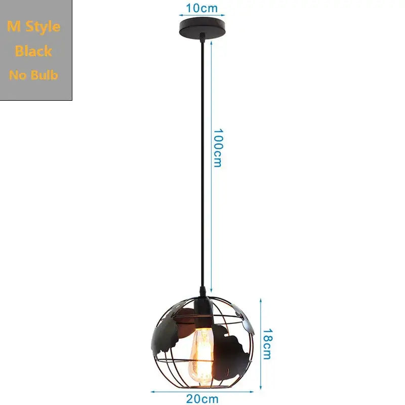 DecorBites black industrial pendant light with black metal globe and wire cage world map silhouette for kitchen island