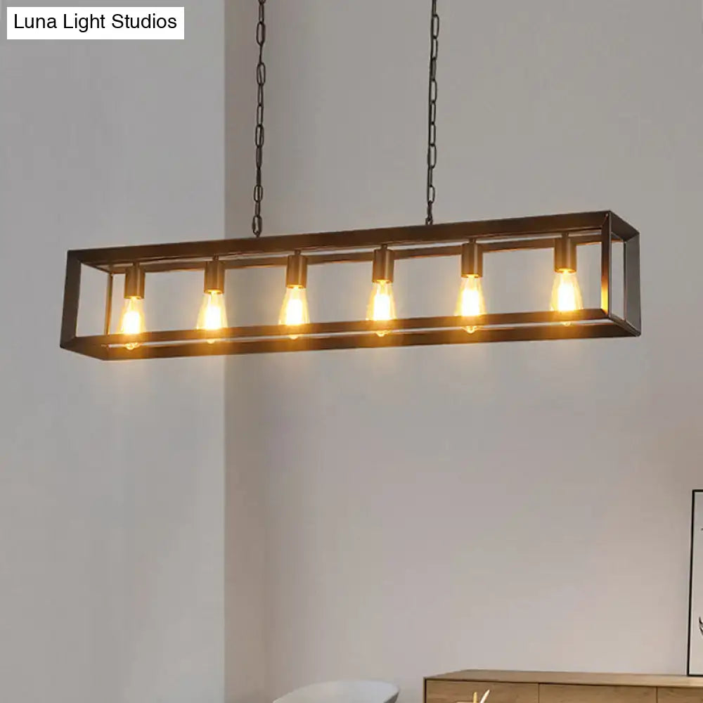 Decorbites™ black industrial rectangular island pendant with five exposed edison bulbs in dark metal frame suspended by chain