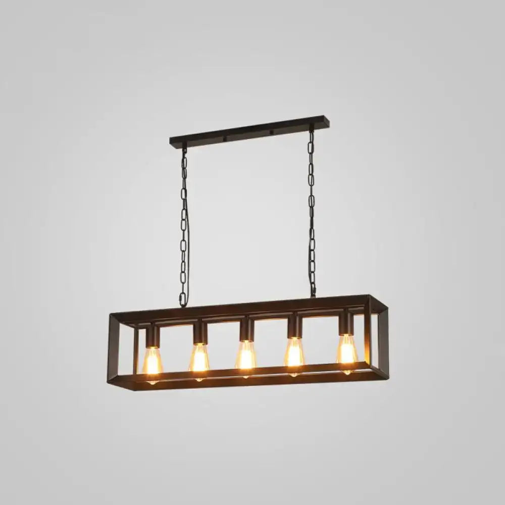 DecorBites black industrial rectangular island pendant with five exposed Edison bulbs in metal frame ceiling light fixture