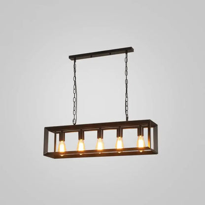 DecorBites black industrial rectangular island pendant with five exposed Edison bulbs in metal frame ceiling light fixture