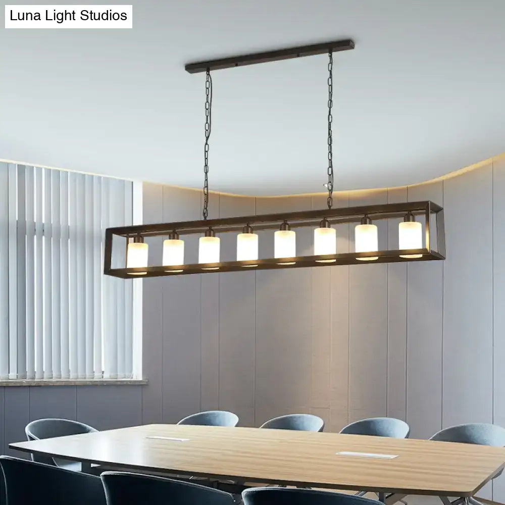 Decorbites™ black industrial rectangular island pendant with six warm glass shades suspended by dark metal frame