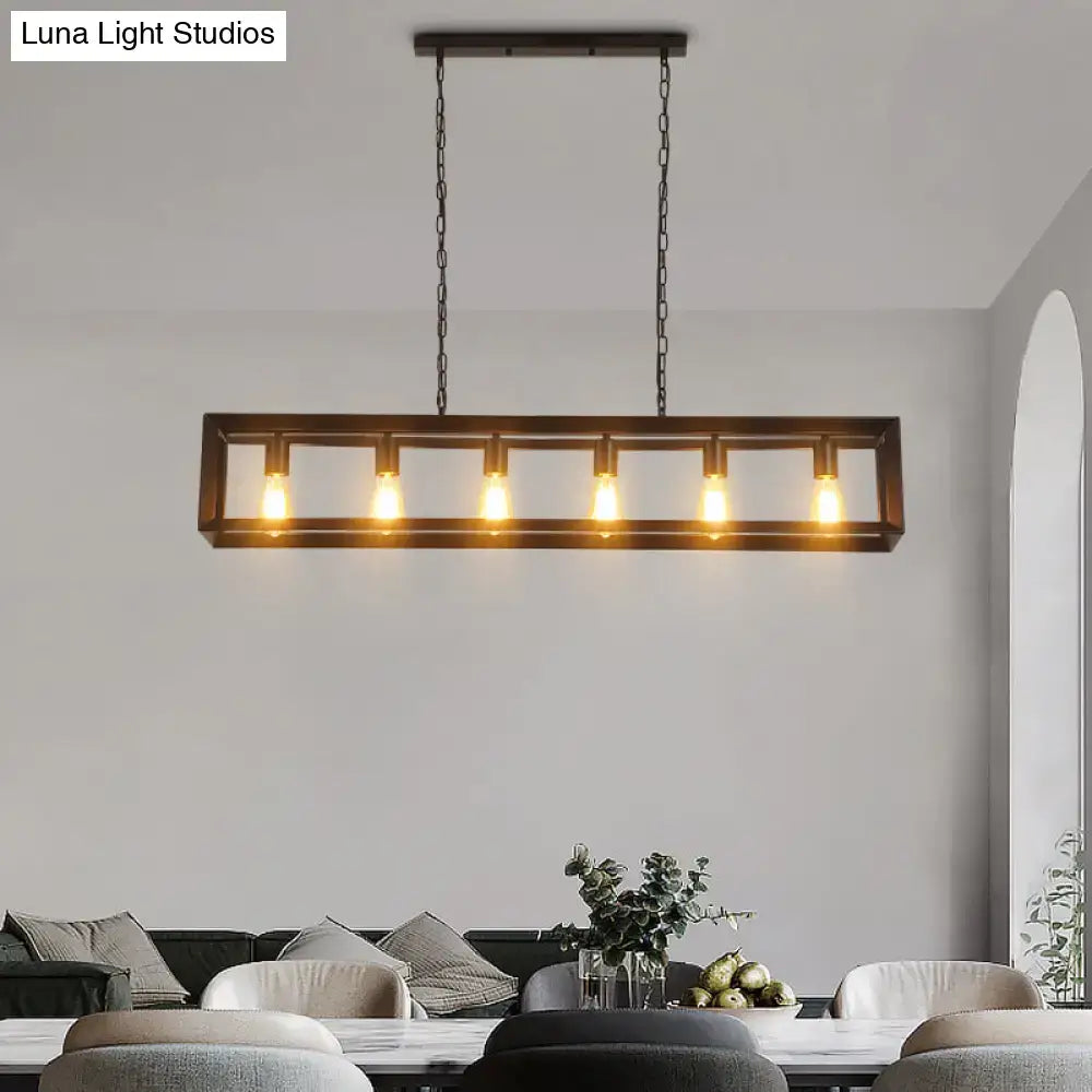 Decorbites™ black industrial rectangular island pendant with six exposed edison bulbs in dark bronze metal frame
