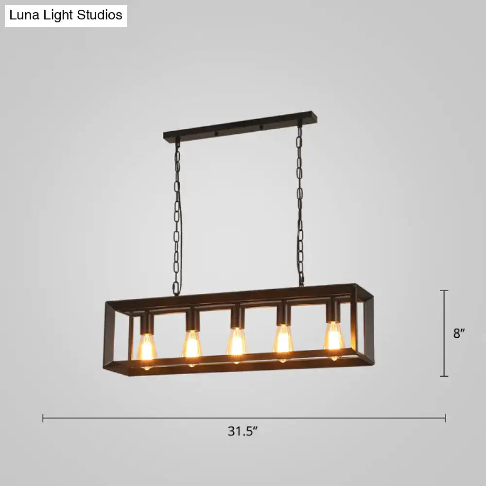 DecorBites black industrial rectangular island pendant with five exposed Edison bulbs in a matte metal frame suspended by black chains