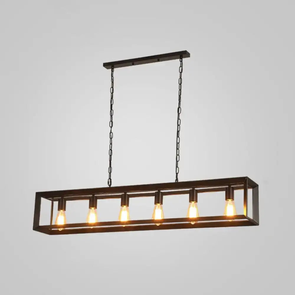DecorBites black industrial rectangular island pendant with five exposed Edison bulbs in metal frame ceiling light fixture