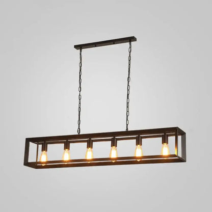 DecorBites black industrial rectangular island pendant with five exposed Edison bulbs in metal frame ceiling light fixture