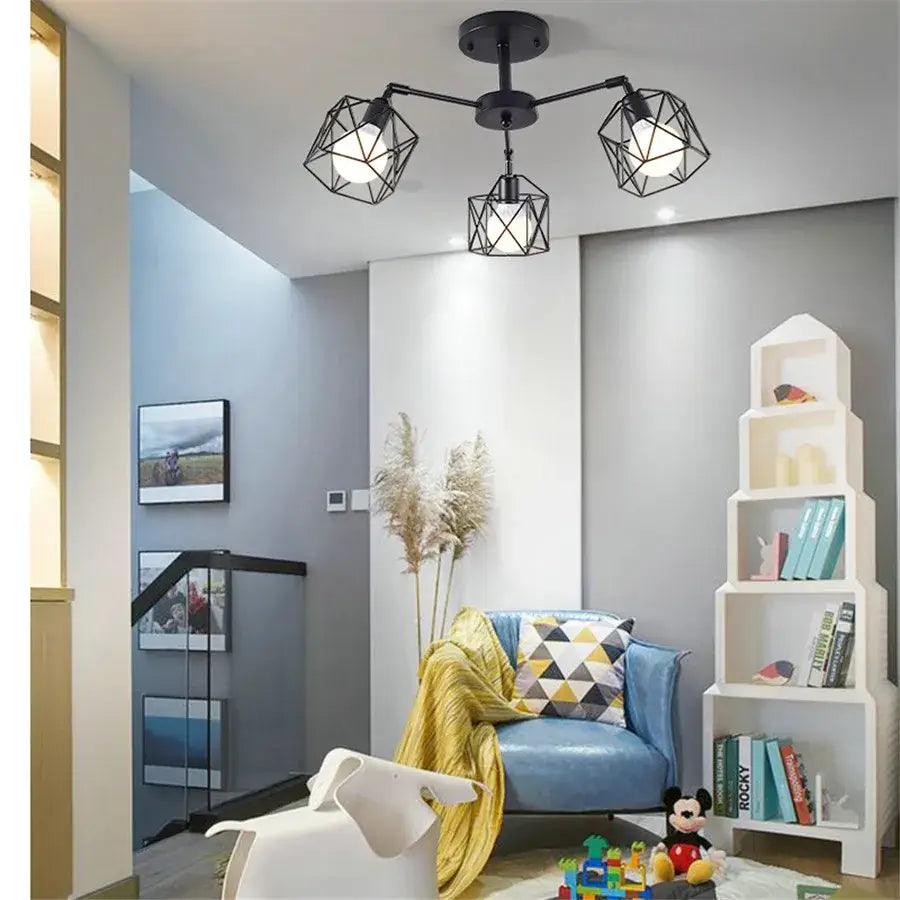 DecorBites black iron cage chandelier with three illuminated bulbs and adjustable spider design modern ceiling lamp
