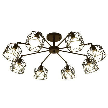 Decorbites black iron cage chandelier with eight adjustable geometric shades in dark metal and warm-toned bulbs