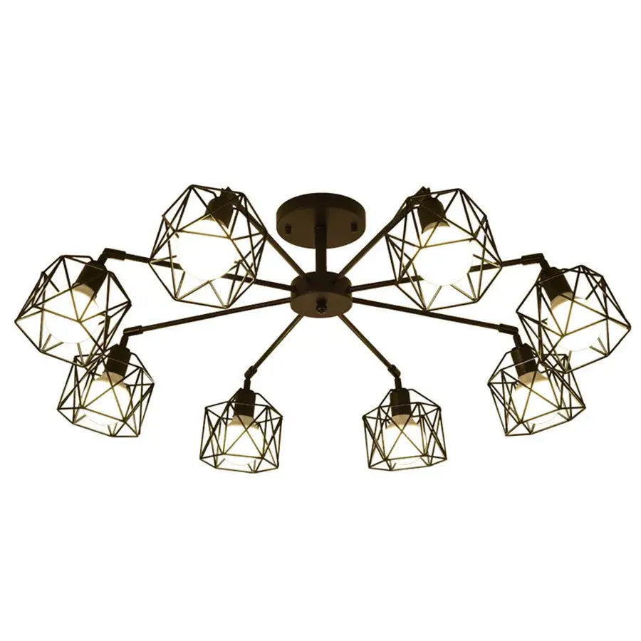 Decorbites black iron cage chandelier with eight adjustable geometric shades in dark metal and warm-toned bulbs