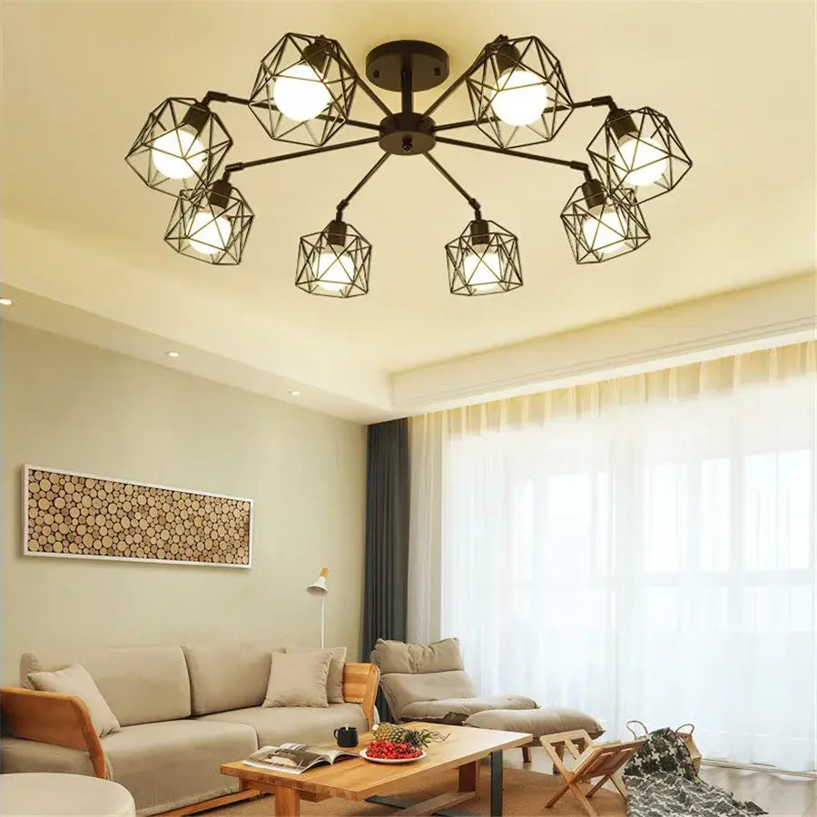 Decorbites black iron cage chandelier with adjustable spider design featuring multiple illuminated cage-style lights