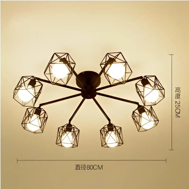 DecorBites black iron cage chandelier with adjustable spider design and geometric black metal light fixtures