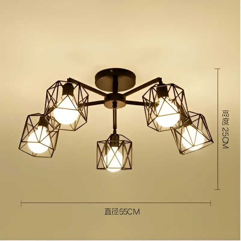Decorbites black iron adjustable spider design iron cage chandelier with five geometric dark metal shades is shown