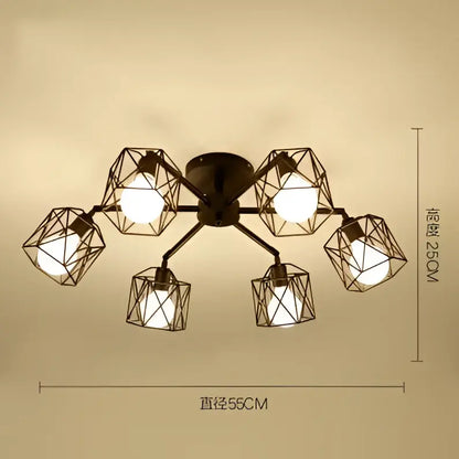 Decorbites black iron cage chandelier with six geometric black iron cage fixtures in adjustable spider design