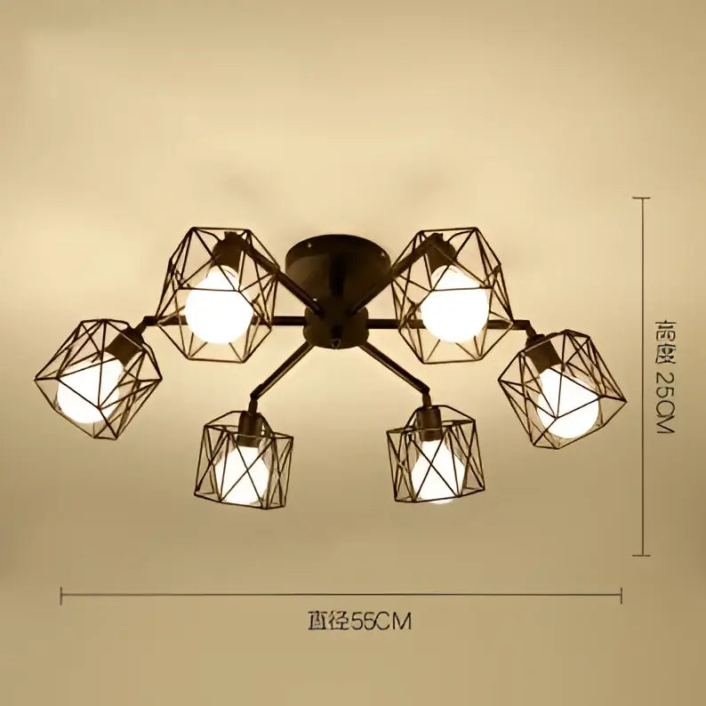 Decorbites black iron cage chandelier with six geometric black iron cage fixtures in adjustable spider design