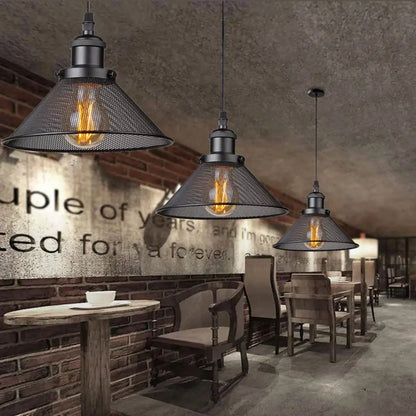 Decorbites black iron cage pendant light with mesh shades and exposed filament bulbs for kitchen island or dining room