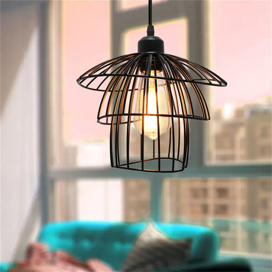 Decorbites black iron pendant light with black iron cage design and exposed edison bulb for kitchen and living room