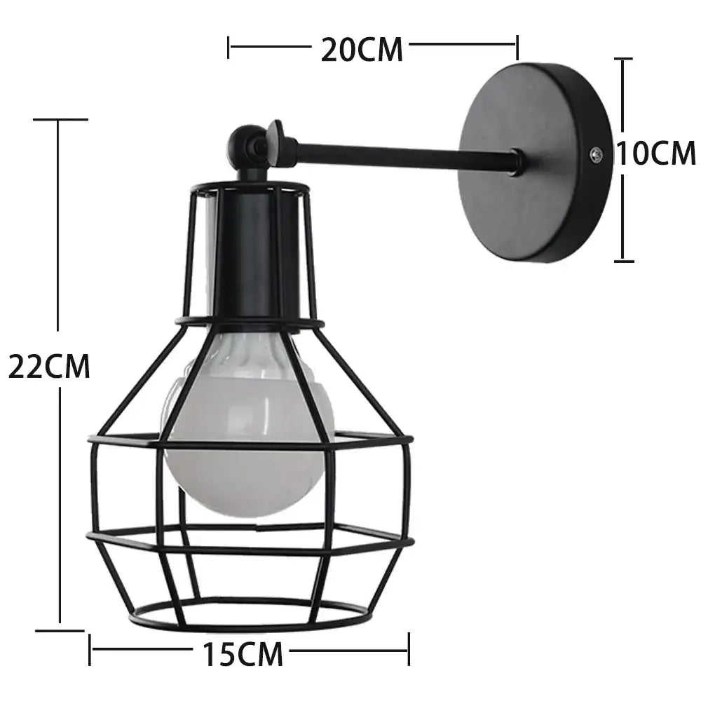 Decorbites black iron wall lamp with industrial iron cage and exposed bulb for indoor bedroom and bar lighting