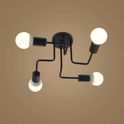 DecorBites black iron ceiling light with four exposed bulbs in black iron for living room bedroom dining kitchen use