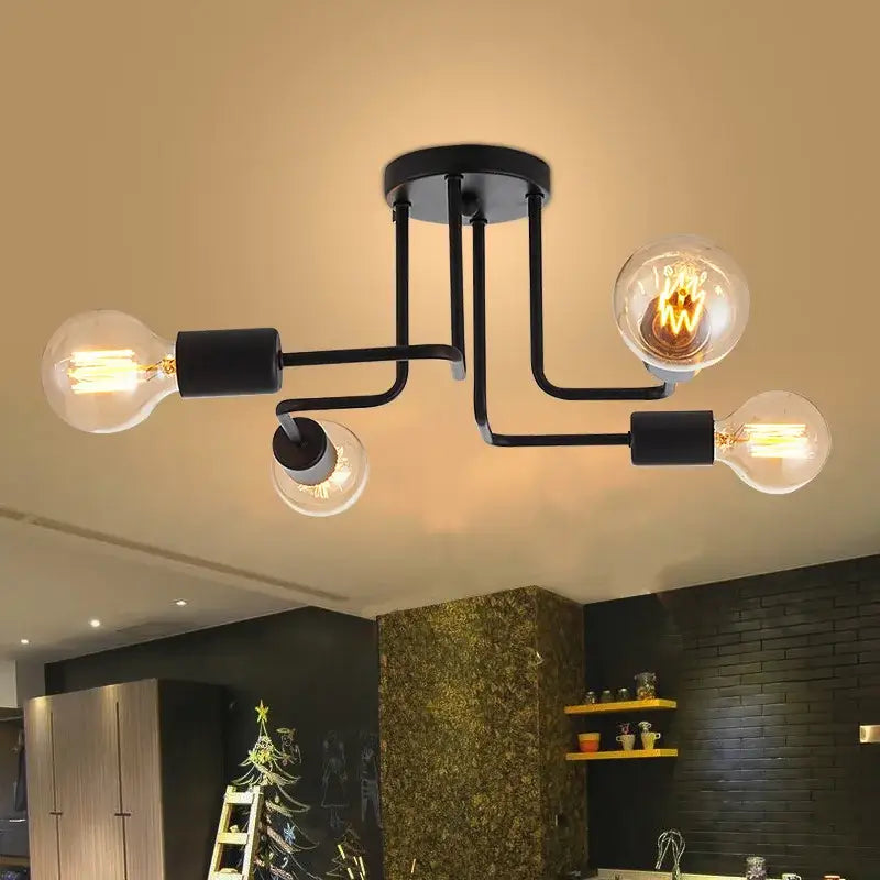 Decorbites black iron ceiling light with four exposed filament bulbs in black iron for living room and dining room use