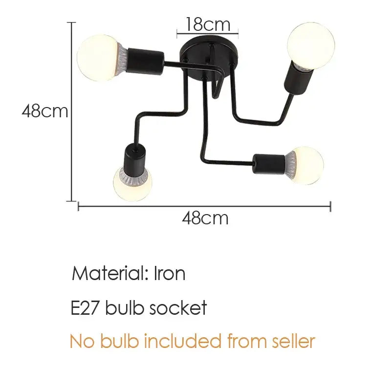 Decorbites black iron ceiling light fixture with four curved arms and spherical bulbs for living room and kitchen use