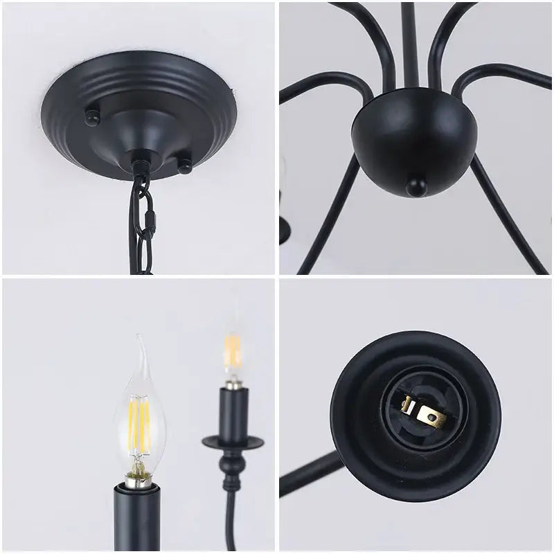 Decorbites black iron chandelier with spider design and candle style led bulbs for home and hospitality lighting