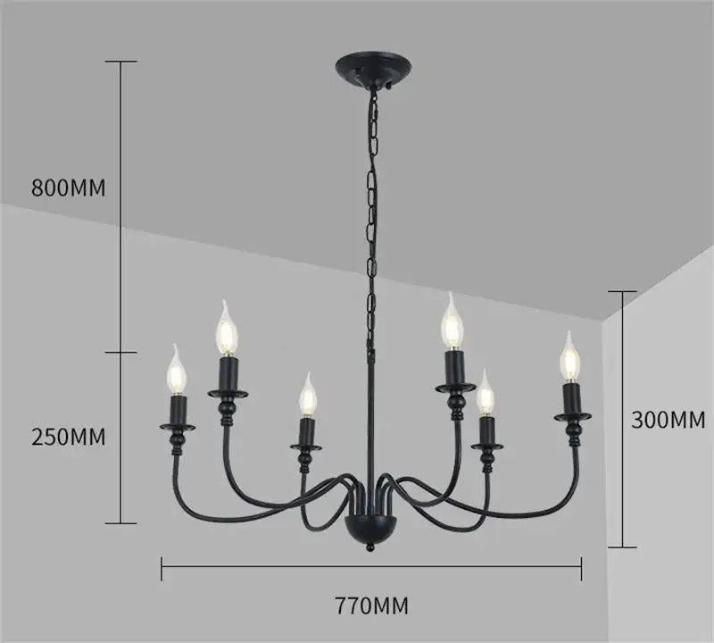Decorbites black iron chandelier LED candle light fixture with six candle-style bulbs for home and hospitality use