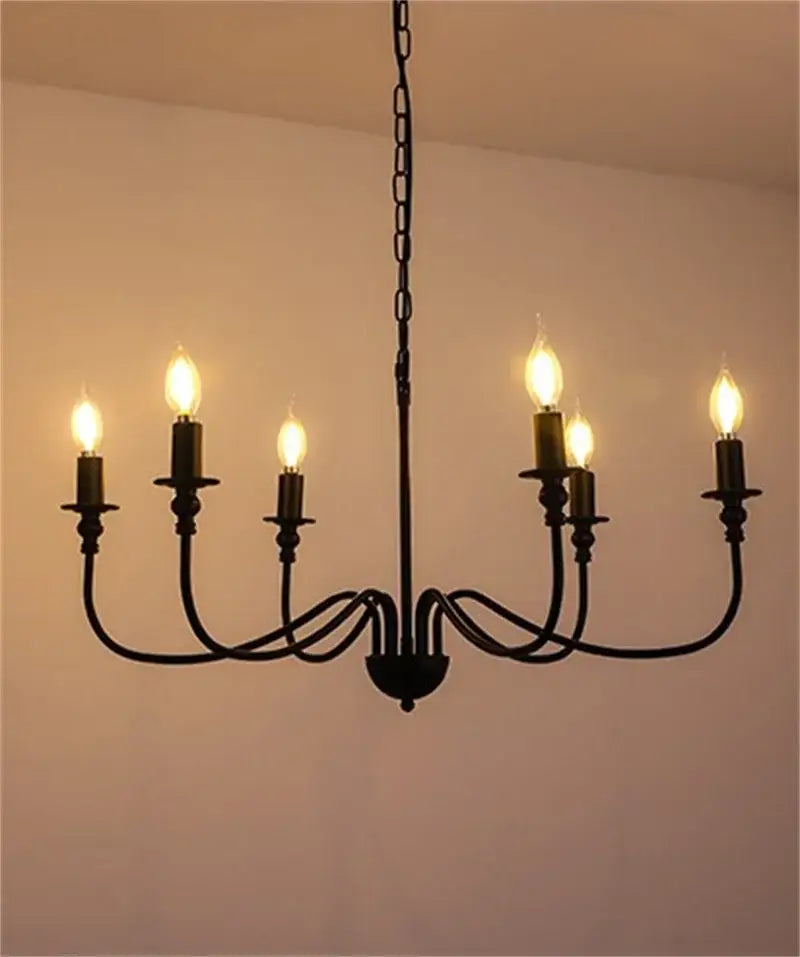Decorbites black iron chandelier LED candle light fixture with six candle-style bulbs for home and hospitality use