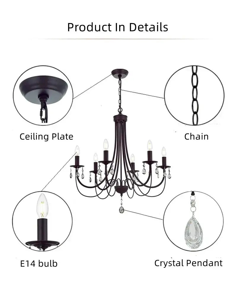 Decorbites black iron chandelier with crystal pendant featuring e14 bulbs for elegant home lighting decor