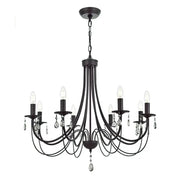 Black iron chandelier by decorbites featuring crystal pendant droplets and candle-style bulbs for elegant home lighting