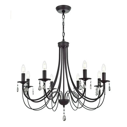 Black iron chandelier by decorbites featuring crystal pendant droplets and candle-style bulbs for elegant home lighting