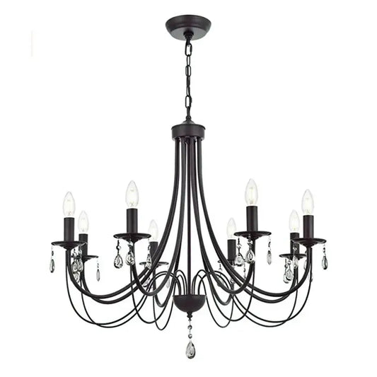 Black iron chandelier by decorbites featuring crystal pendant droplets and candle-style bulbs for elegant home lighting