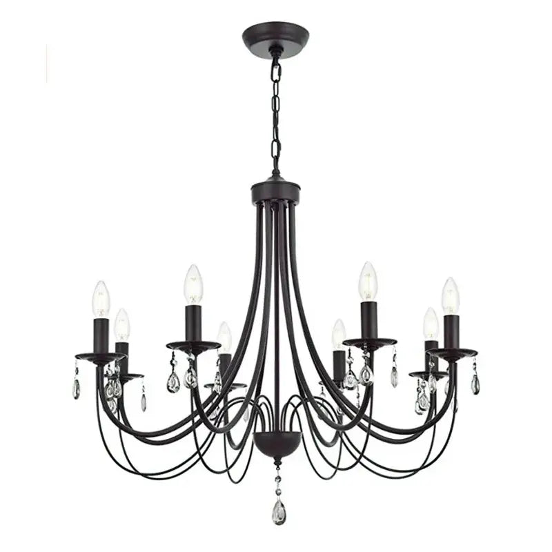 Black iron chandelier by decorbites featuring crystal pendant droplets and candle-style bulbs for elegant home lighting