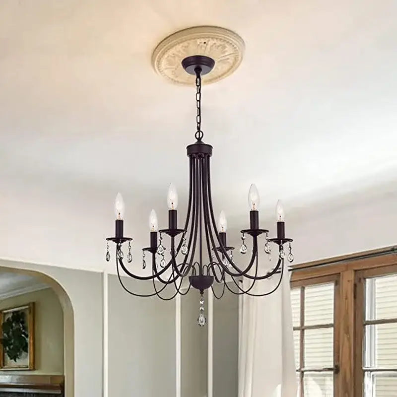DecorBites black iron chandelier with crystal pendant droplets and candle style bulbs for elegant home lighting