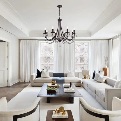DecorBites black iron chandelier featuring crystal pendant accents for elegant home lighting decor