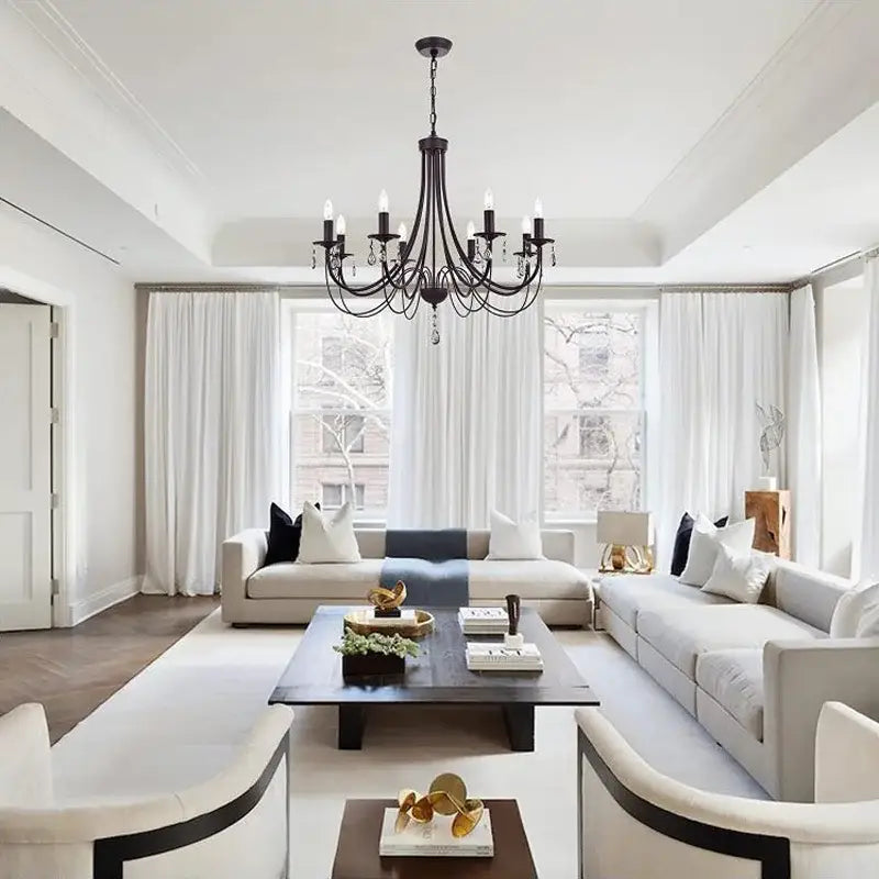 DecorBites black iron chandelier featuring crystal pendant accents for elegant home lighting decor