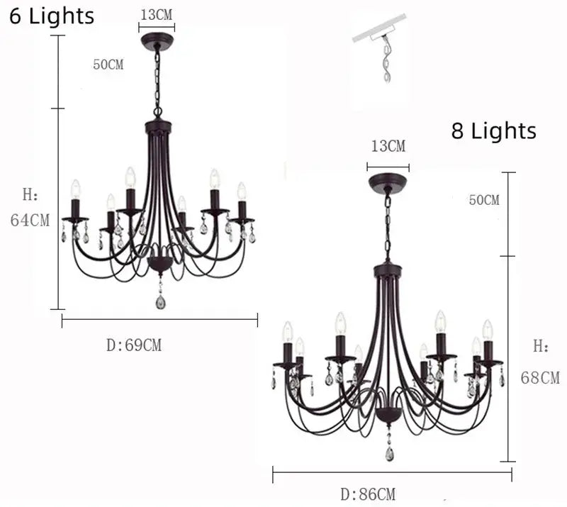 DecorBites black iron chandelier with six candle-style lights and crystal pendant droplets for home lighting