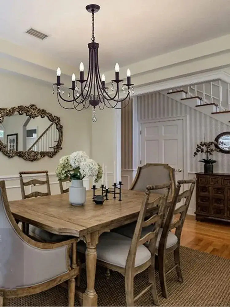 Decorbites black iron chandelier with candle-style bulbs and crystal pendant for elegant home lighting