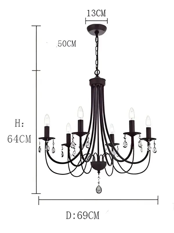 Decorbites black iron chandelier with crystal pendant droplets and candle-style bulbs for elegant home lighting