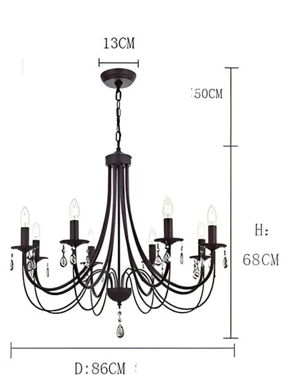 DecorBites black iron chandelier with crystal pendant and candle-style bulbs for elegant home lighting