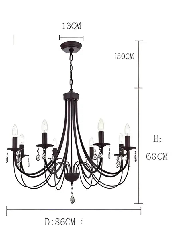 DecorBites black iron chandelier with crystal pendant and candle-style bulbs for elegant home lighting