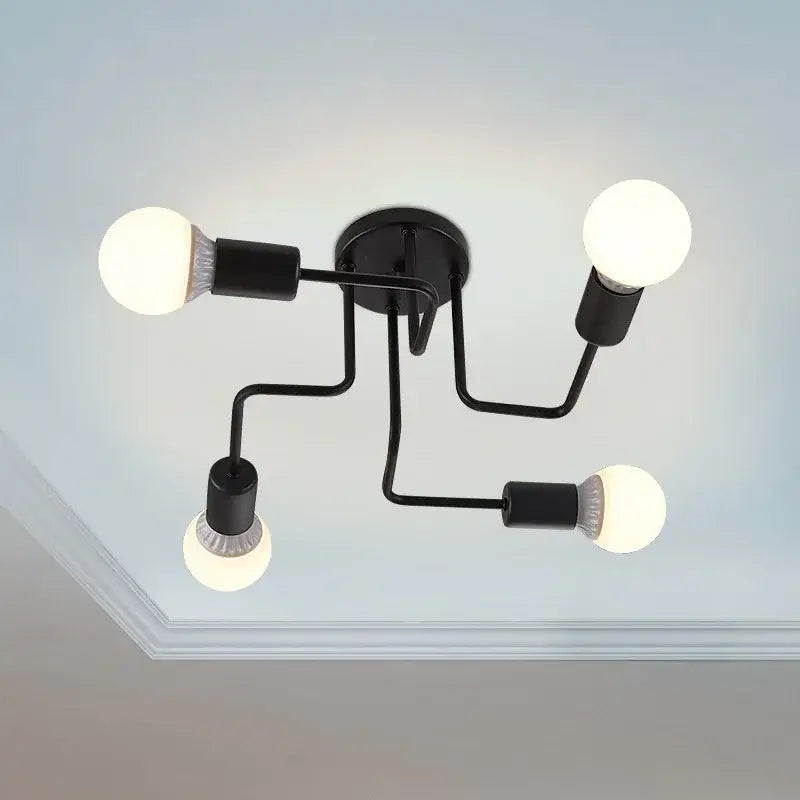 Decorbites black iron ceiling lamp with four exposed bulbs and curved arms for kitchen and living room lighting