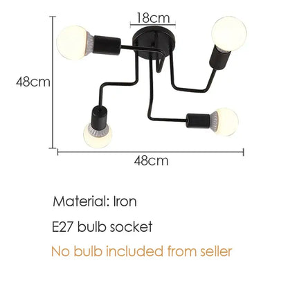 DecorBites black iron ceiling lamp with four curved arms and spherical bulbs for kitchen and living spaces