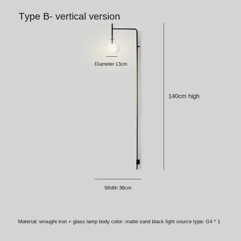 Matte sand black wrought iron led long wall lamp with glass globe 140cm high 36cm wide by decorbites black iron