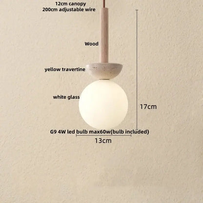 Minimalist decorbites black iron led pendant light with wooden canopy yellow travertine base and white glass globe