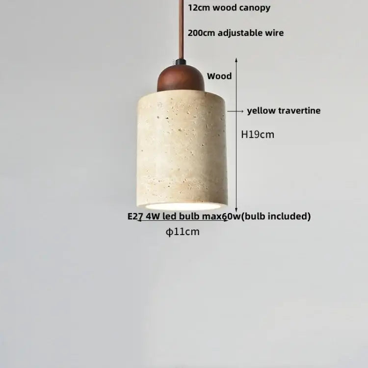 DecorBites black iron pendant light with textured yellow travertine body and dark wood canopy featuring e27 led bulb