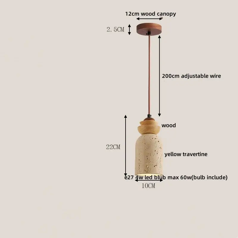 Rustic decorbites black iron led pendant light with yellow travertine body and wooden accents suspended by copper wire