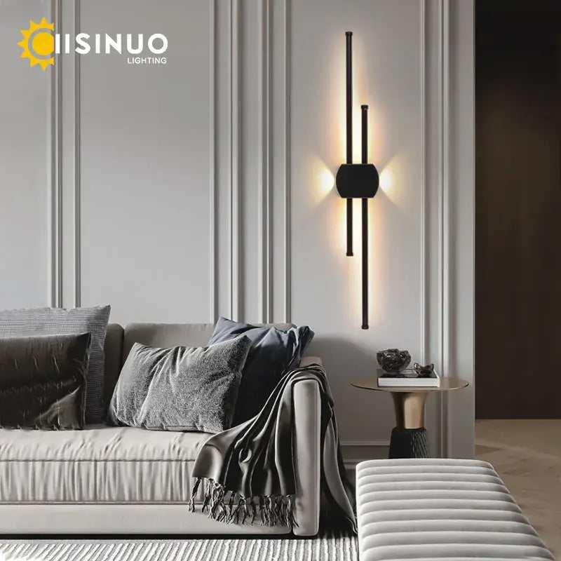 Black minimalist wall lamp with sleek vertical rods and central circular light in decorbites black iron led design
