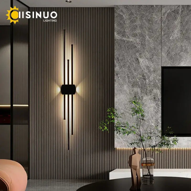 Modern black iron led wall lamp with vertical led bars and central light source by cisino lighting decorbites black iron