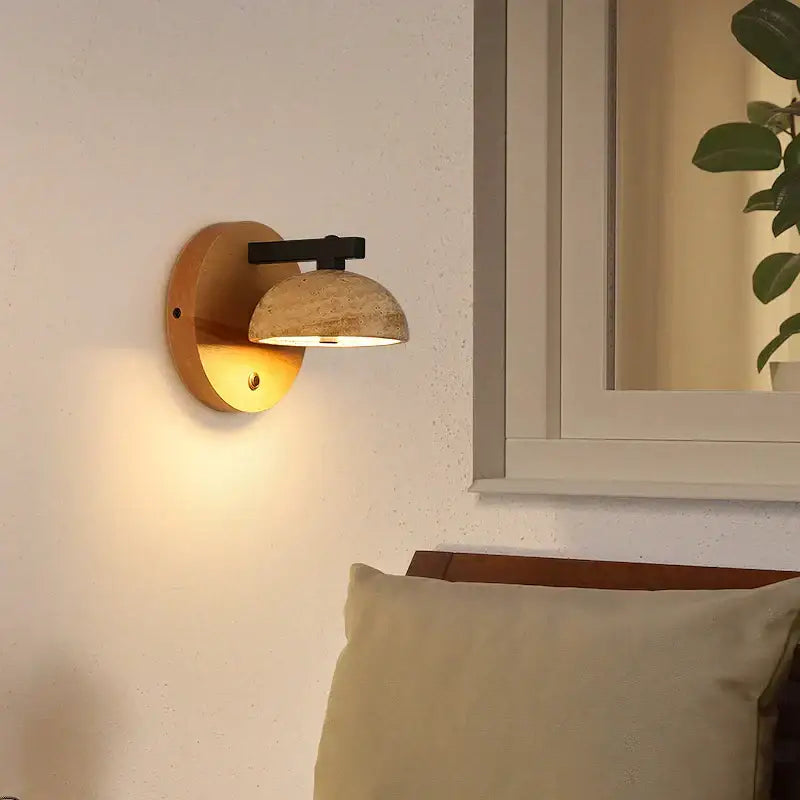 DecorBites black iron led wall lamp with rustic wooden base and earthy stone shade for bedside lighting