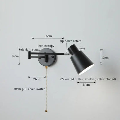 DecorBites black iron LED wall sconce with adjustable conical shade and pull chain for modern Nordic home decor