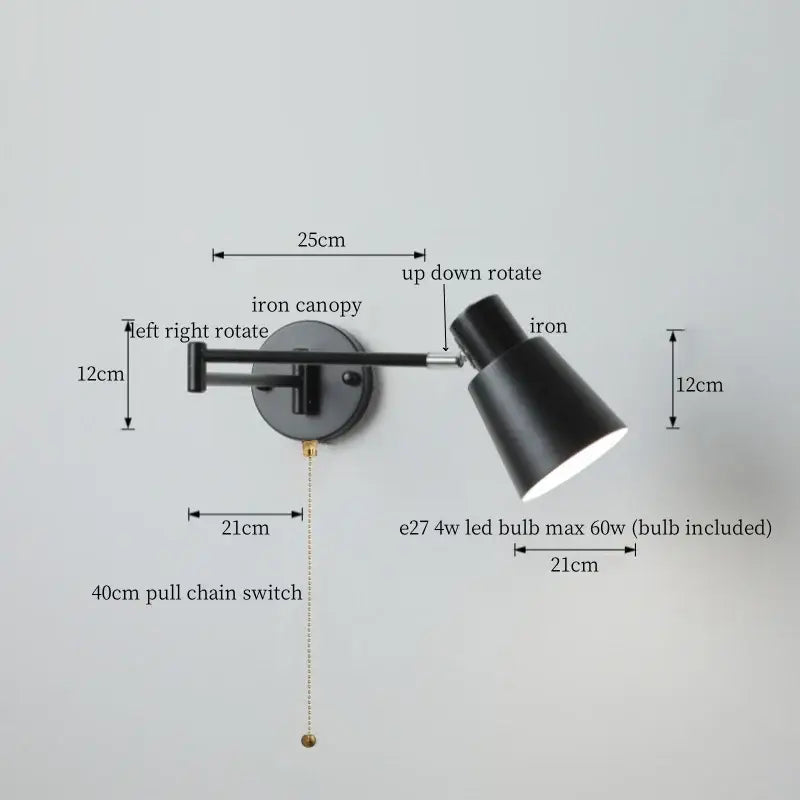 DecorBites black iron LED wall sconce with adjustable conical shade and pull chain for modern Nordic home decor